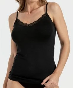 Q-EN UNDERWEAR Bamboe Stroptops Dameshemd Met Kant - Zwart - Maat L - 95% Bamboe - 5% Elastaan - Antibacterieel