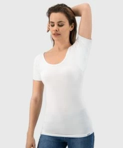 Anti Zweet Shirt - Fibershirts® - Ingenaaide Okselpads - Ondershirt - Wit - Ronde Hals - Dames - Maat L