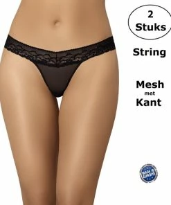 Teyli String Mesh Stof Met Kant - 2 Pack - Zwart M